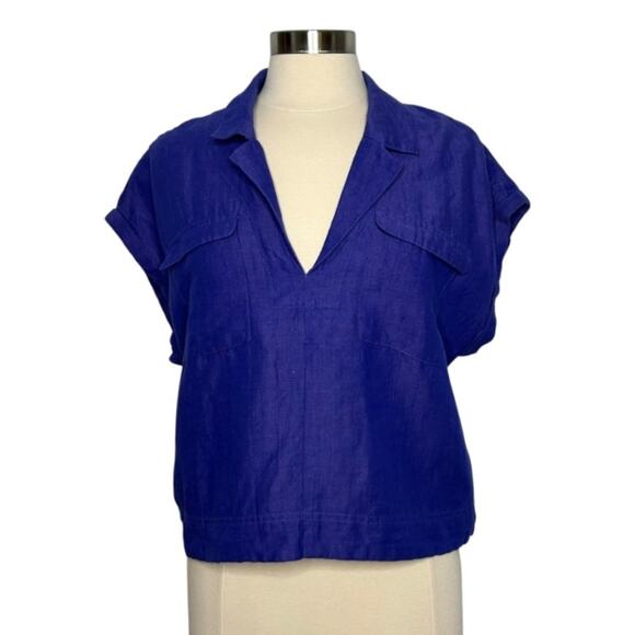 Anthropologie Linen Blend Crop Utility Pocket Split V Neck Collared Top Size L - Picture 2 of 10
